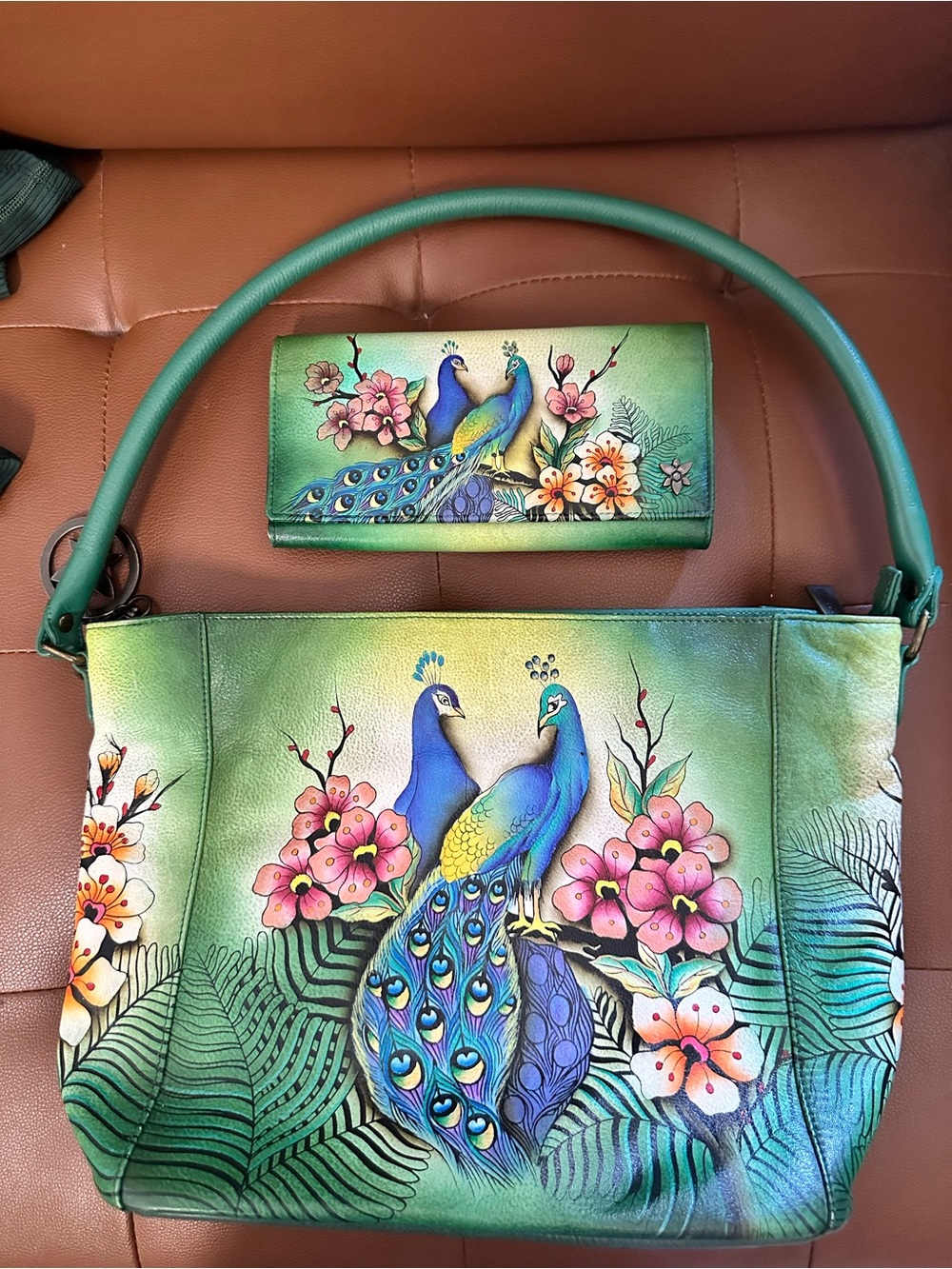 Anuschka Bright Colored, Hand Painted Peacock Purse with Matching Wallet